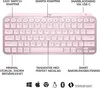 A pink Logitech MX Keys Mini keyboard with various features highlighted by text labels and icons. Anteprima dell’immagine prodotto