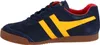 A side view of a blue Gola Harrier sneaker with yellow stripes. Produktbild-Vorschau