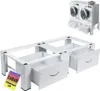 A white metal stand for washing machines and dryers with two drawers, shown from a low angle. A smaller image of two washing machines on a similar stand is in the upper right corner. Produktbild-Vorschau
