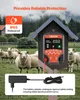 A fence charger mounted on a wooden post in a field with sheep in the background, with a power adapter shown below. Produktbild-Vorschau
