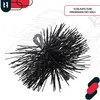 A chimney brush with a rope loop, set against a blueprint-style background of a house. Produktbild-Vorschau