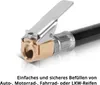 Close-up of a tire inflator nozzle with a lever, attached to a black hose. Text below describes its use for cars, motorcycles, bicycles, and trucks. Produktbild-Vorschau