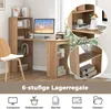 A corner desk with shelves, a computer, and decorative items, shown in a room setting with close-up insets highlighting shelf details. Podgląd zdjęcia produktu