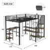 A diagram showing the dimensions of a metal loft bed with a desk and shelves. Podgląd zdjęcia produktu