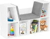 A white bookshelf with a gray cushioned seat and various children's toys and books on display. Podgląd zdjęcia produktu