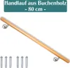 A wooden handrail with metal mounting brackets and screws, presented on a white background with a marketing banner. Produktbild-Vorschau