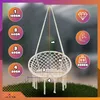 A white macrame hanging chair is shown suspended outdoors, with dimensions and features indicated by overlaid text and icons. Produktbild-Vorschau