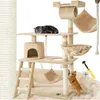 A cat tree with multiple levels, hammocks, and scratching posts, with two cats interacting with it. A screw and yellow tool are also visible. Náhled obrázku produktu