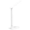 A white LED desk lamp with an adjustable arm and a colorful circular light on its base, shown against a white background. Produktbild-Vorschau