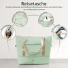 A light green travel bag with gold handles, shown with callouts highlighting its features. Náhľad obrázku produktu