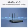 A black network router with four antennas is shown on a blue background, with blue concentric circles emanating from it, symbolizing Wi-Fi signal. Produktbild-Vorschau