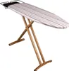 An ironing board with a striped cover and wooden legs, set against a white background. Produktbild-Vorschau