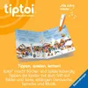 An open book with a winter scene and musical notes, a tiptoi pen, and promotional text on an orange background. Produktbild-Vorschau