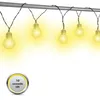 A string of solar-powered LED lights with a yellow glow, hanging from a metal rod. Produktbild-Vorschau