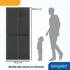 A refrigerator is shown next to silhouettes of an adult and a child to indicate its size. Dimensions are also displayed. Produktbild-Vorschau