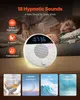 A white noise machine is shown on a table in front of a sleeping person. The machine has a digital display and buttons. Below the machine are four smaller images depicting different sound categories: birds, lullabies, sea, and rain. Náhľad obrázku produktu