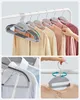 A collage showing different views and uses of gray hangers holding various garments. Produktbild-Vorschau