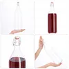 A collage of four images showing a glass bottle with a swing-top lid, both empty and filled with a red liquid, being held by hands. Anteprima dell’immagine prodotto