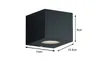 A black cube-shaped wall light with dimensions indicated. Produktbild-Vorschau