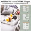 A breakfast tray with food and drinks on a bed, next to images of kitchen carts. Voir les images du produit