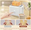 A hand is shown interacting with a white toaster, with two slices of toast inside. Below are two comparative images of toast, one described as 'Nicht Aufgetaut' (Not Thawed) and the other as 'Aufgetaut' (Thawed). A mug of coffee is also visible. Produktbild-Vorschau