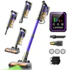 A collage of a cordless vacuum cleaner and its accessories, with a digital display showing product information. Podgląd zdjęcia produktu
