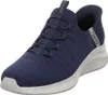 A close-up, studio shot of a blue Skechers slip-on shoe. Produktbild-Vorschau