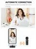 A woman is working on a laptop with a microphone attached to her shirt, and a smartphone displaying her image is shown below, along with a microphone and wireless signal icon. Náhled obrázku produktu
