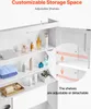 A white bathroom cabinet with adjustable shelves, showcasing various toiletries and towels. Náhled obrázku produktu