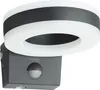 A modern outdoor wall light with a circular lamp and a motion sensor. Produktbild-Vorschau