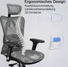 An ergonomic office chair with a diagram of a spine and illustrations of adjustable features. Produktbild-Vorschau