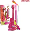 A pink Bontempi electronic guitar with a microphone on a stand, displayed next to its packaging. Voir les images du produit