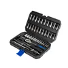 A black toolbox containing a set of silver and blue tools, including a ratchet and various sockets and bits. Produktbild-Vorschau
