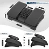 A collage showing a black adjustable footrest with dimensions and different height settings, designed for office or home use. Produktbild-Vorschau