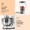 A collage of images showcasing different parts and features of a kitchen appliance, likely a stand mixer with attachments. Produktbild-Vorschau