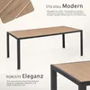 A table with a wood-like top and black metal legs, shown from different angles with descriptive text. Produktbild-Vorschau