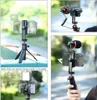 Collage of images showing a phone holder with various accessories attached, including a microphone and a light. Produktbild-Vorschau