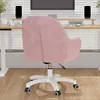 A pink velvet office chair is shown from the back, placed on a wooden floor in front of a desk and a window with blinds. Produktbild-Vorschau