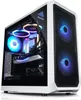 A white gaming PC with RGB lighting, showcasing its internal components through a glass side panel. Produktbild-Vorschau