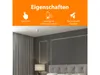 A smoke detector is mounted on a ceiling in a bedroom, with marketing text and icons above. Produktbild-Vorschau