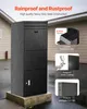 A black mailbox is shown outdoors in the rain, with text overlays highlighting its features. Voir les images du produit