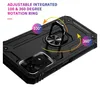 A black phone case with an integrated ring stand is shown from a diagonal angle, highlighting its adjustable rotation features. Produktbild-Vorschau