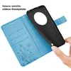 A hand is holding a black phone case over an open blue phone case with card slots and floral/butterfly embossing. Produktbild-Vorschau