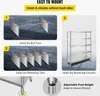 An instructional graphic showing the steps to assemble a stainless steel shelving unit, along with a close-up of the adjustable feet. Podgląd zdjęcia produktu