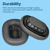 Close-up view of two headphone ear pads against a light blue background, with text describing their durability. Produktbild-Vorschau