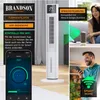 Collage showcasing a white tower fan, control app on a smartphone, and people interacting with smart home devices. Produktbild-Vorschau