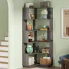 A corner bookshelf filled with decorative items and books, placed next to a staircase. Produktbild-Vorschau