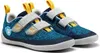 A pair of children's blue knit shoes with yellow pull tabs and gray velcro straps. Produktbild-Vorschau