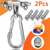 A product image showing a ceiling hook and carabiner, along with examples of items that can be hung from it, like a child's swing and a hanging chair. Produktbild-Vorschau
