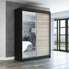 A modern sliding door wardrobe with a mirrored door and wood-effect doors, set in a bedroom. Produktbild-Vorschau